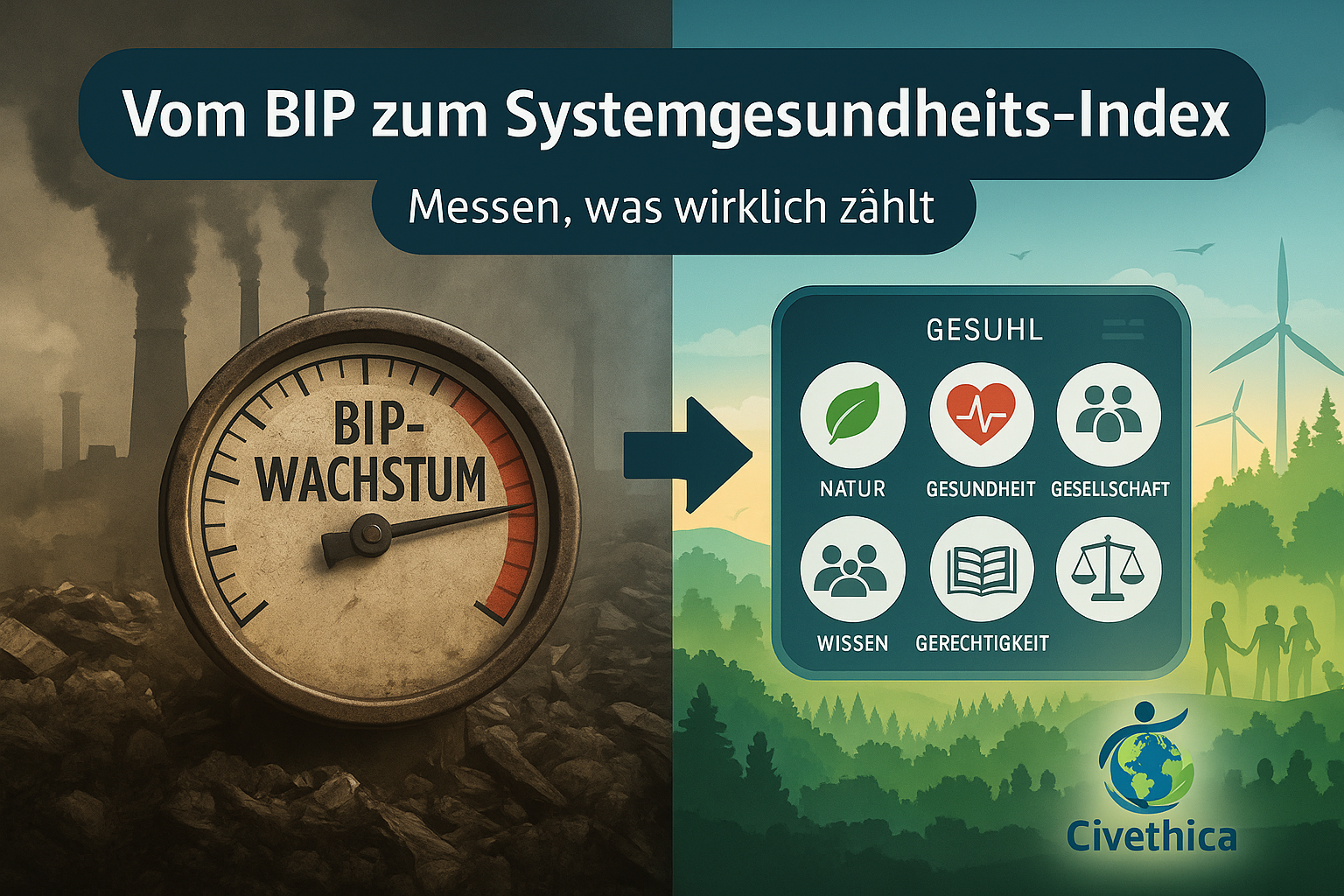Vergleich des BIP-Wachstums mit einem Systemgesundheitsindex, der Natur, Gesundheit und Gesellschaft umfasst