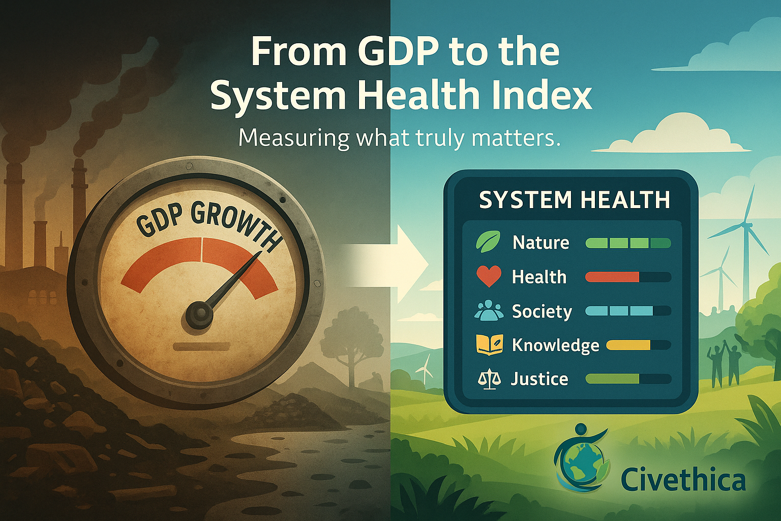Comparison of GDP growth with a System Health Index that includes nature, health, and society