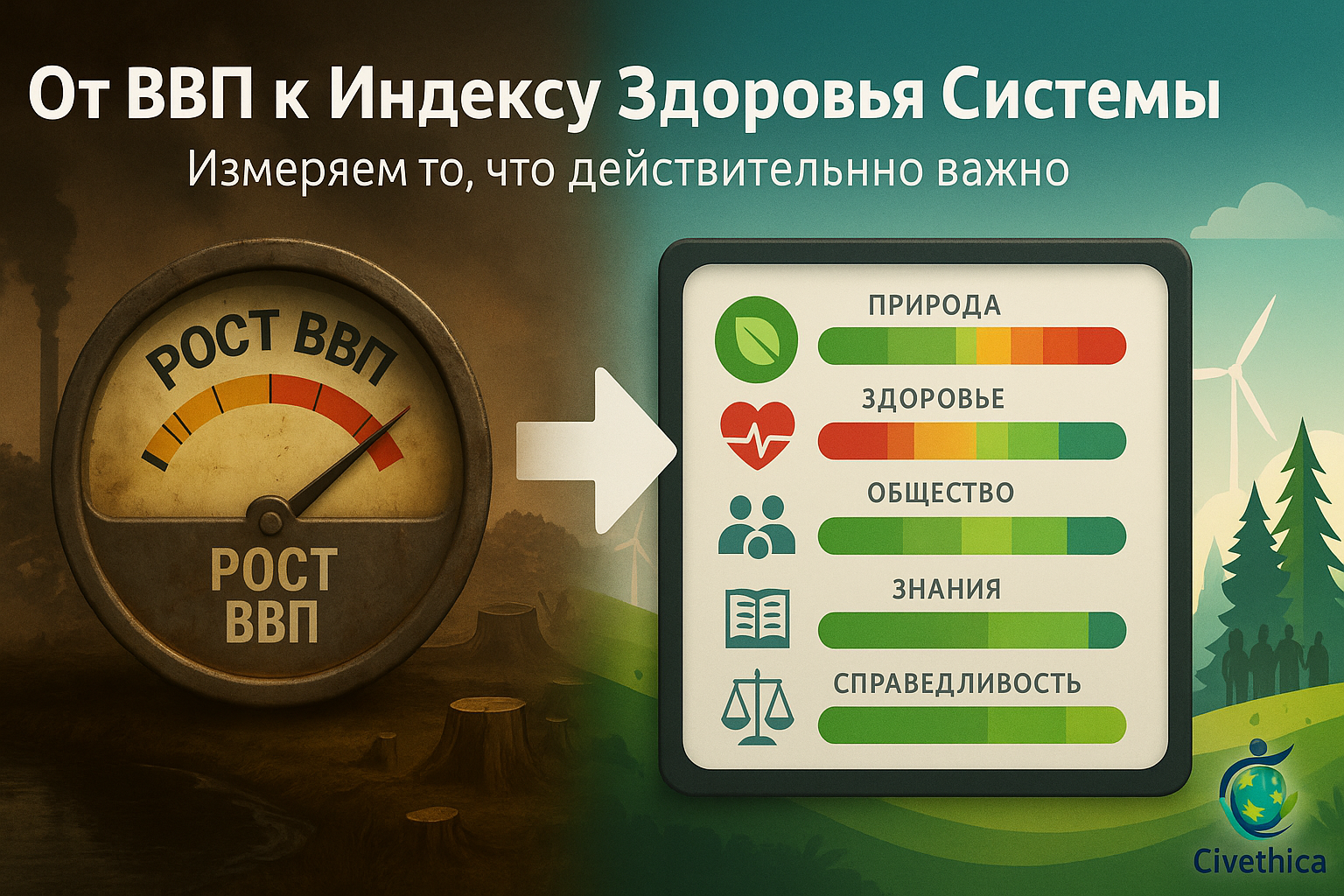 Сравнение роста ВВП с Индексом Здоровья Системы, включающим природу, здоровье и общество