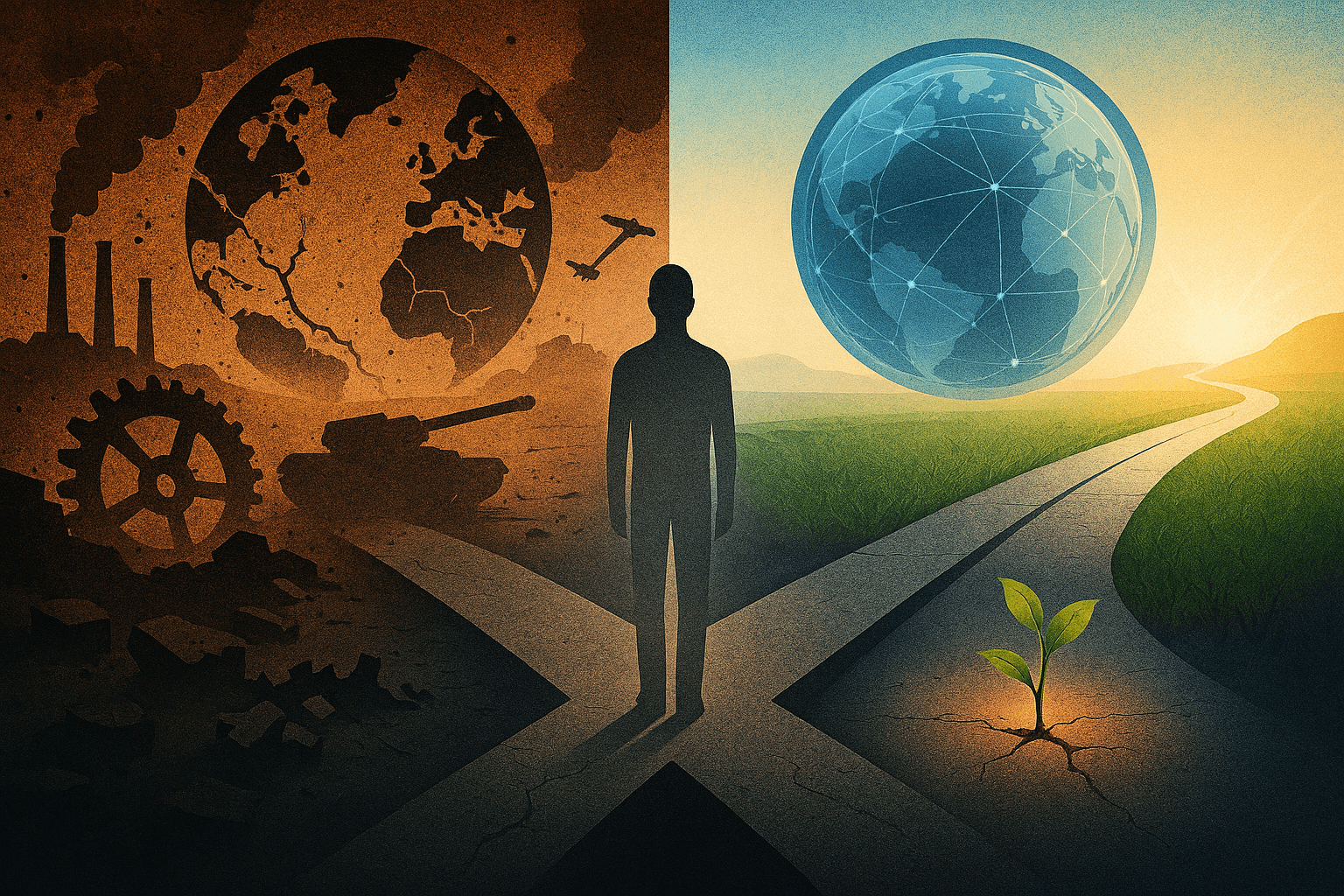 A schematic depiction of planet Earth at a crossroads between chaos and a new order