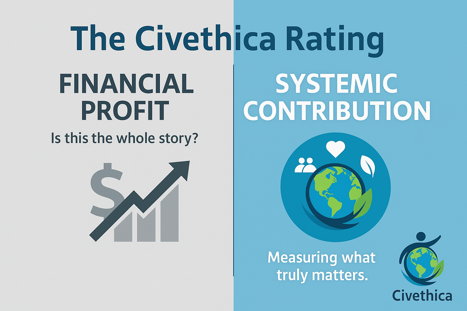 The Civethica Rating concept: shifting from a one-dimensional GDP growth metric that leads to environmental destruction, to a multi-dimensional index that assesses the health of the planet, society, and individuals.