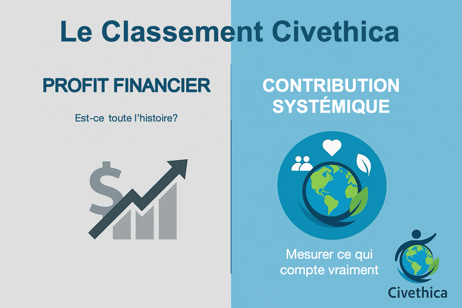 Le concept de la notation Civethica : passer d'une métrique unidimensionnelle de la croissance du PIB, qui mène à la destruction de l'environnement, à un indice multidimensionnel qui évalue la santé de la planète, de la société et de l'individu.