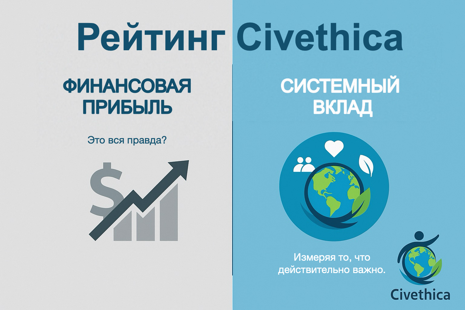 Концепция Рейтинга Civethica: переход от одномерной метрики роста ВВП, приводящей к разрушению природы, к многомерному индексу, оценивающему здоровье планеты, общества и человека.
